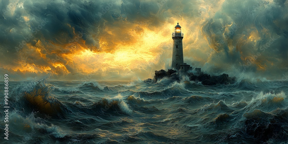 Fototapeta premium Remote Lighthouse Amidst Rugged Waves at Dusk