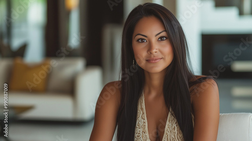 A 35-year-old Mexican woman with long, dark, straight hair, tanned skin and brown eyes, wearing an elegant designer dress. She looks confident and successful, in a luxurious setting Free Download A 35-year-old Mexican woman with long, dark, straight hair, tanned skin and brown eyes, wearing an elegant designer dress. She looks confident and successful, in a luxurious setting - GFXLoad
