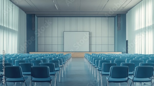 Empty conference room with rows of blue chairs and a stage setup in a minimalist modern building.