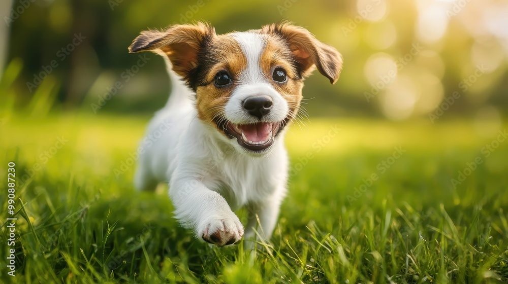 Adorable Puppy Running on Green Grass in Sunlit Park - Happy and Playful Dog Outdoors in Nature Adorable Puppy Running on Green Grass in Sunlit Park - Happy and Playful Dog Outdoors in Nature