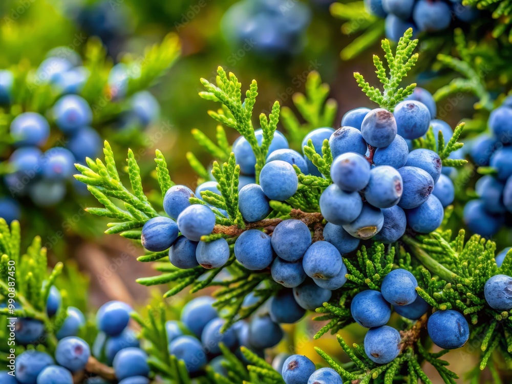 Close-up of dense foliage and blue-green berries on juniper bush branches Close-up of dense foliage and blue-green berries on juniper bush branches