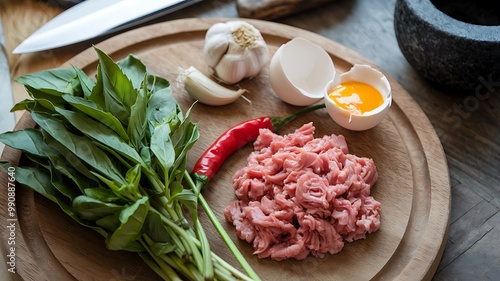 Fresh ingredients for cooking, including minced meat, garlic, chili, egg, and herbs, on a wooden cutting board. photo