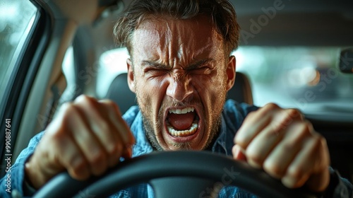 A distressed man is yelling in his car.