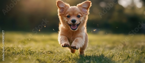 Adorable Puppy Running on Grass in Sunlit Park, Happy and Playful Dog Enjoying Outdoors