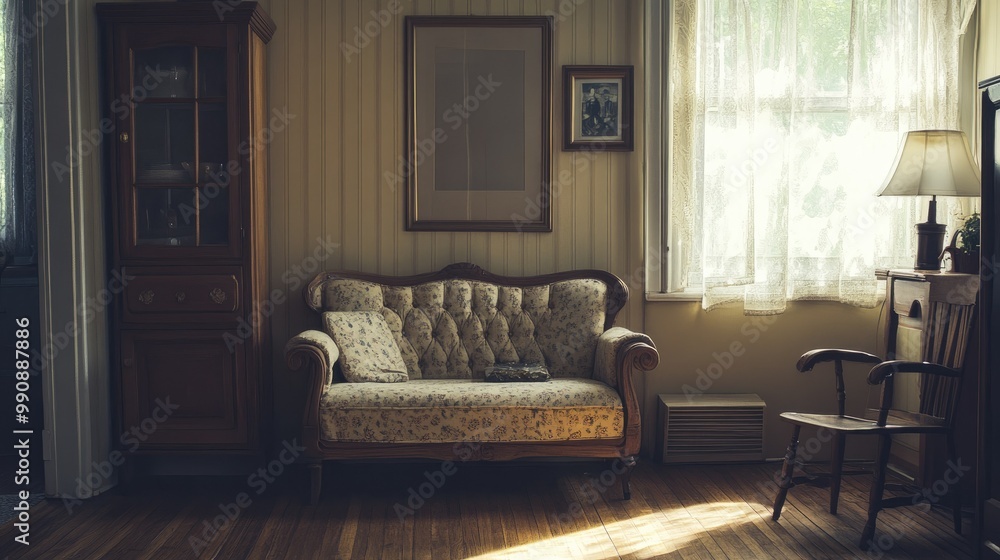 Faded couch in a quaint, old-fashioned room, with wooden floors, nostalgic decor, and a soft, inviting light that exudes comfort. Faded couch in a quaint, old-fashioned room, with wooden floors, nostalgic decor, and a soft, inviting light that exudes comfort.