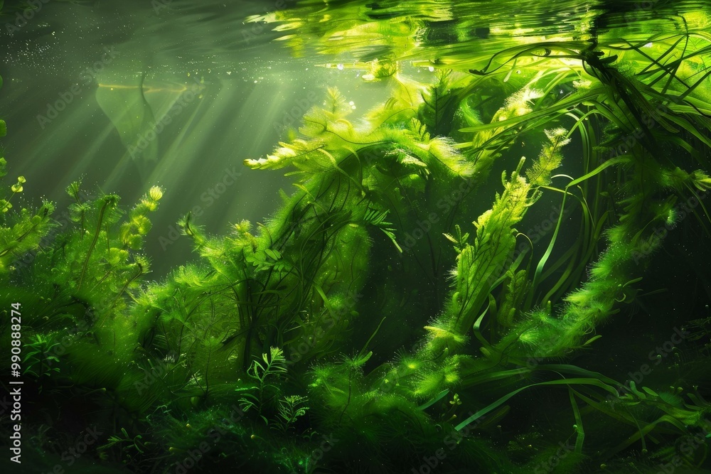 Obraz premium Sunbeams shining through the surface of water on green algae growing on a riverbed