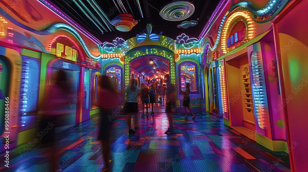 Carnival funhouse with colours and whimsical designs, with people entering and exiting the attraction Carnival funhouse with colours and whimsical designs, with people entering and exiting the attraction