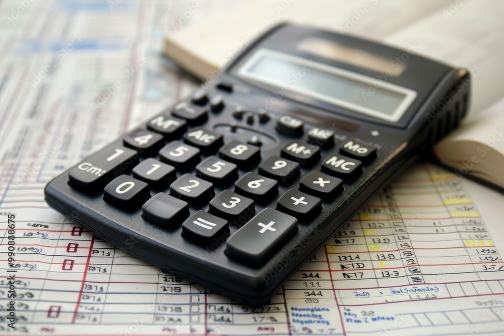 Calculator is laying on top of a financial spreadsheet with columns of numbers, helping with the budgeting process Calculator is laying on top of a financial spreadsheet with columns of numbers, helping with the budgeting process