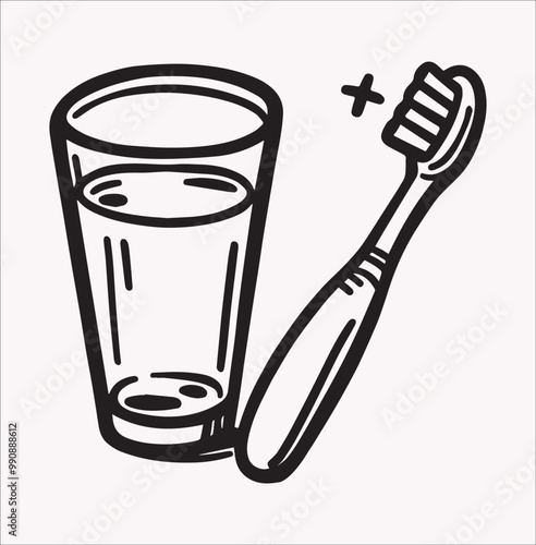 A glass of water and a toothbrush vector silhouette on a white background