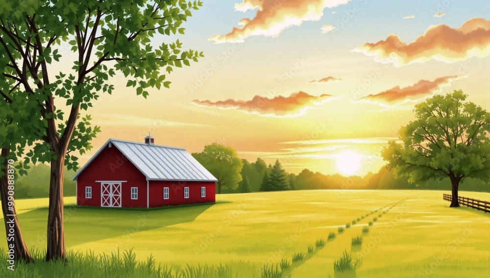 A red barn in the middle of a green field. A red barn in the middle of a green field.