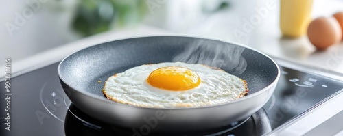 Close-up of a plant-based egg substitute being cooked on a smart stovetop, plant-based innovation, alternative foods photo