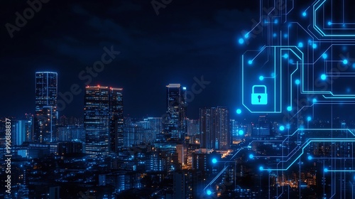 City skyline at night with digital security concept overlay