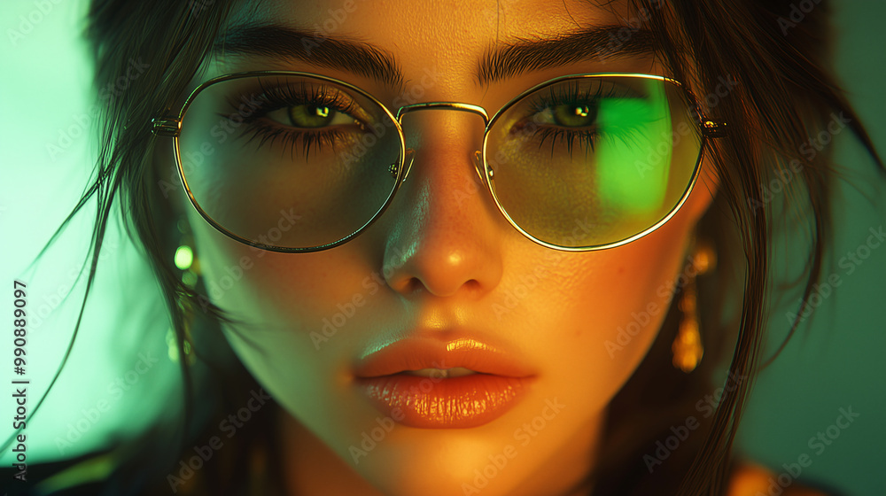 A close-up of a woman wearing glasses and earrings, with green and yellow lighting A close-up of a woman wearing glasses and earrings, with green and yellow lighting