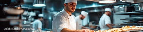 Pizzaiolo Making Pizza in White Tunic with Team in Restaurant Kitchen