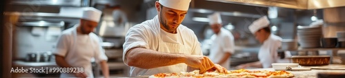 Obraz na płótnie Pizzaiolo Making Pizza in White Tunic with Team in Restaurant Kitchen w salonie