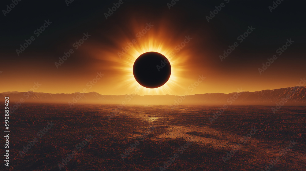 A stunning cinematic photograph featuring a rare and mesmerizing solar eclipse. The sun is eclipsed by a dark, glowing corona that emits a striking black light