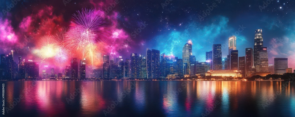 Fototapeta premium Vibrant city skyline illuminated by colorful fireworks over calm water, creating a festive and exciting atmosphere at night.
