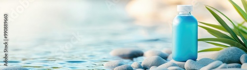 Futuristic mineral water packaging, nestled in an unpolluted stream, nature's purest form, eco-friendly materials, sustainability meets modern design photo