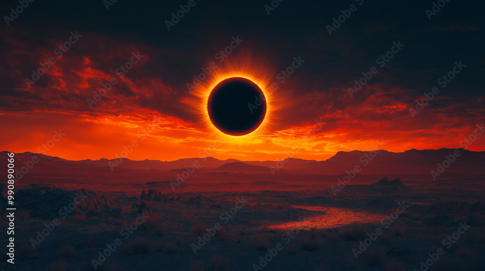 Obraz premium A stunning cinematic photograph featuring a rare and mesmerizing solar eclipse. The sun is eclipsed by a dark, glowing corona that emits a striking black light