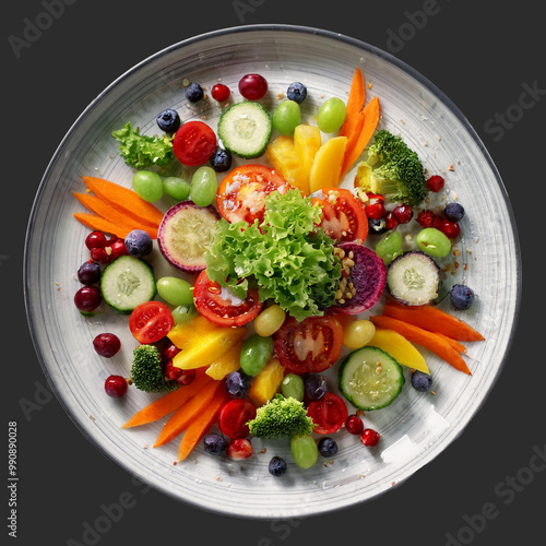 A colorful assortment of fruits and vegetables, arranged in a circle on a plate.