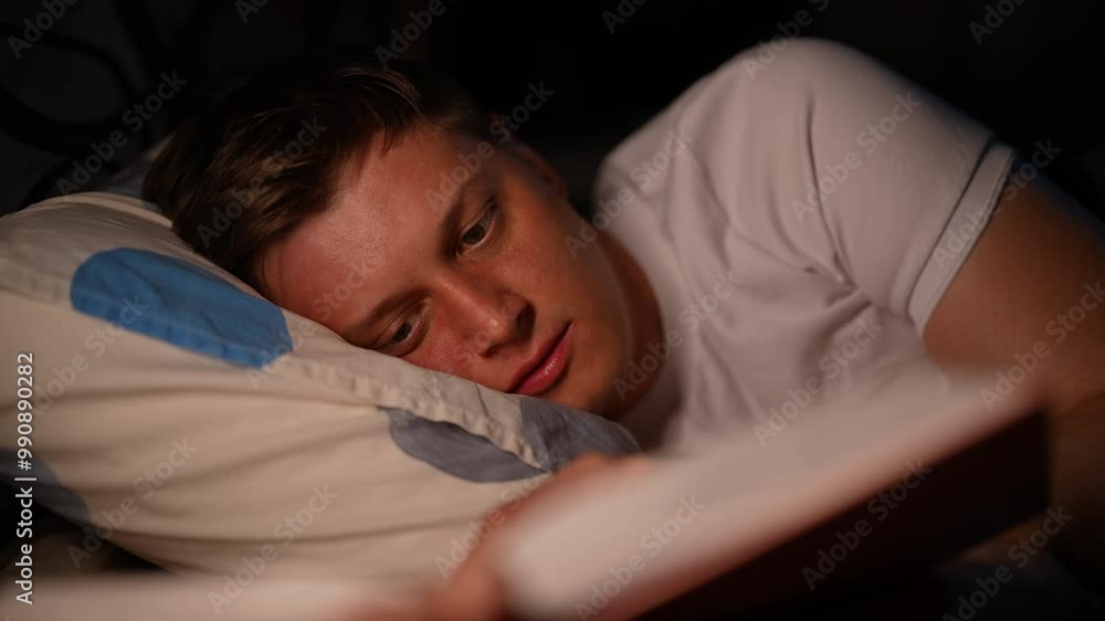 Young man peacefully reading book lying in bed at night, in dark bedroom illuminated by gentle lamp, seeking tranquility and concentration before bedtime. Shooting in slow motion. Young man peacefully reading book lying in bed at night, in dark bedroom illuminated by gentle lamp, seeking tranquility and concentration before bedtime. Shooting in slow motion.