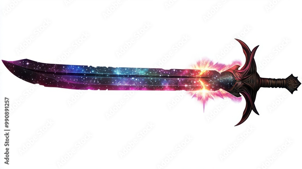 Obraz premium A mystical sword with a cosmic design, featuring vibrant galaxy colors and a powerful aura, perfect for fantasy-themed projects.