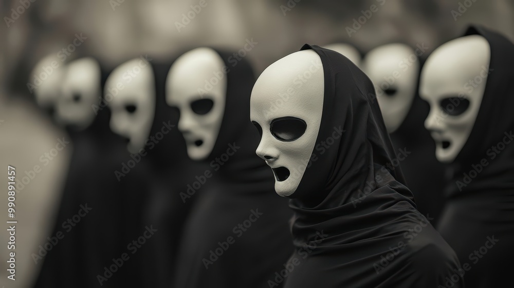 A haunting lineup of horror masks, shrouded in dark fabric, creating an eerie and mysterious atmosphere. A haunting lineup of horror masks, shrouded in dark fabric, creating an eerie and mysterious atmosphere.