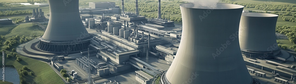Aerial View of Modern Industrial Power Plant with Cooling Towers and Green Surroundings Aerial View of Modern Industrial Power Plant with Cooling Towers and Green Surroundings