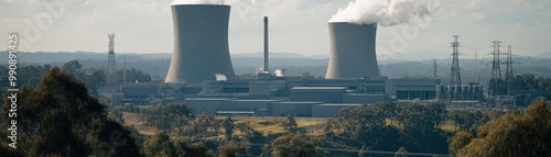 Industrial Power Plant with Cooling Towers and Emissions in a Scenic Landscape photo