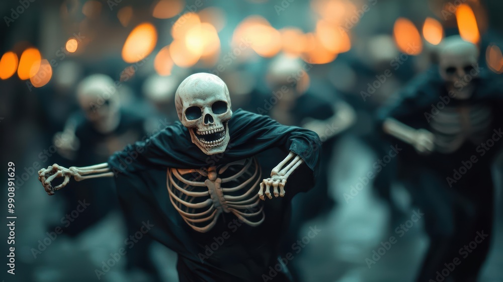A lively scene featuring multiple skeletons in motion, creating an eerie yet captivating atmosphere filled with energy. A lively scene featuring multiple skeletons in motion, creating an eerie yet captivating atmosphere filled with energy.