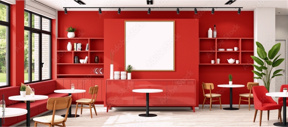 A red room with tables and chairs in it. A red room with tables and chairs in it.