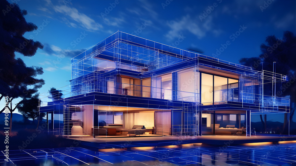 Residential Modern house 3D model for Real Estate Residence Architecture Structure Technical Construction Blueprint Drawing Sunset Sky Residential Modern house 3D model for Real Estate Residence Architecture Structure Technical Construction Blueprint Drawing Sunset Sky