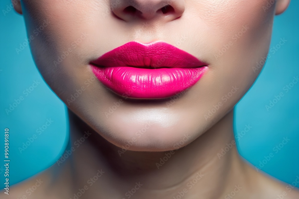 Fototapeta premium beauty portrait of pink lips against a blue background, soft light creating a gentle contrast, close-up of a female model's mouth with pastel lipstick, perfect for beauty and fashion concepts