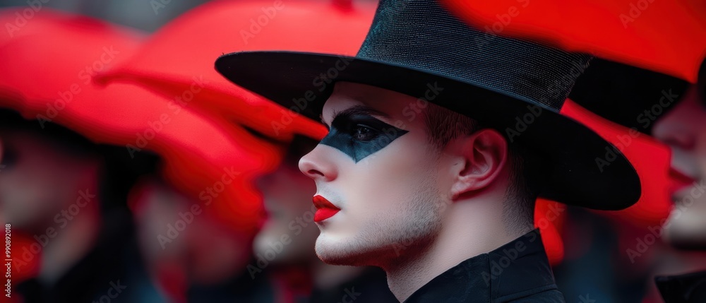 A striking image of a masked performer in a black hat, showcasing dramatic makeup and a unique style during a performance. A striking image of a masked performer in a black hat, showcasing dramatic makeup and a unique style during a performance.
