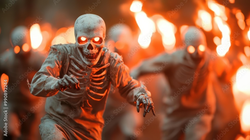 Eerie skeleton figures running amidst flames, creating a chilling atmosphere perfect for horror-themed projects and artwork. Eerie skeleton figures running amidst flames, creating a chilling atmosphere perfect for horror-themed projects and artwork.