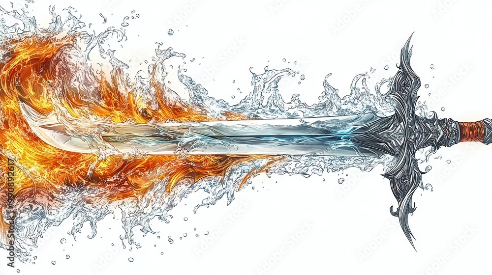 A stunning sword engulfed in flames and water, symbolizing power and conflict, ideal for fantasy and action themes. A stunning sword engulfed in flames and water, symbolizing power and conflict, ideal for fantasy and action themes.