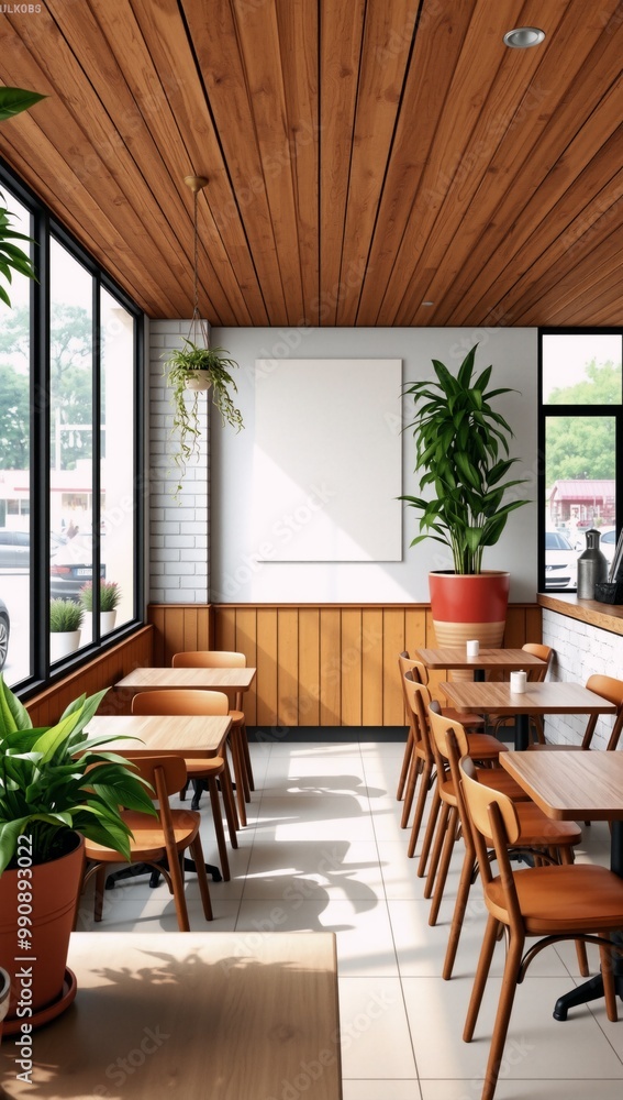 Fototapeta premium A restaurant with wooden tables and chairs and plants.