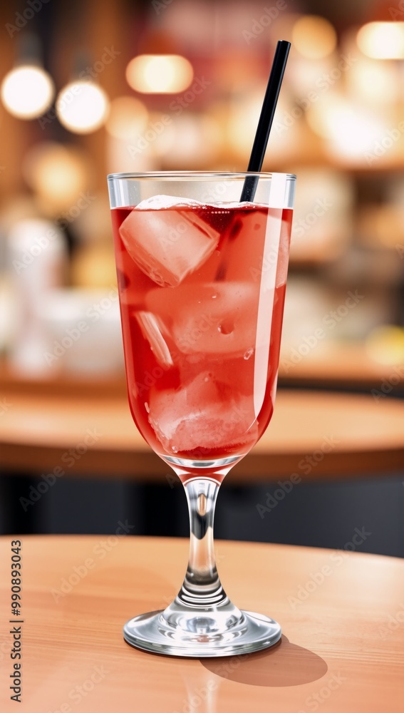 A glass of red drink sitting on top of a wooden table. A glass of red drink sitting on top of a wooden table.