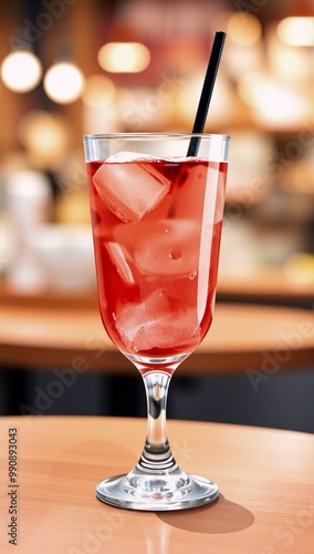 A glass of red drink sitting on top of a wooden table.