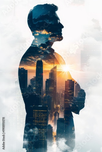 Silhouette of a man against a city skyline during sunset, showcasing a stunning double exposure effect, capturing urban beauty and contemplation