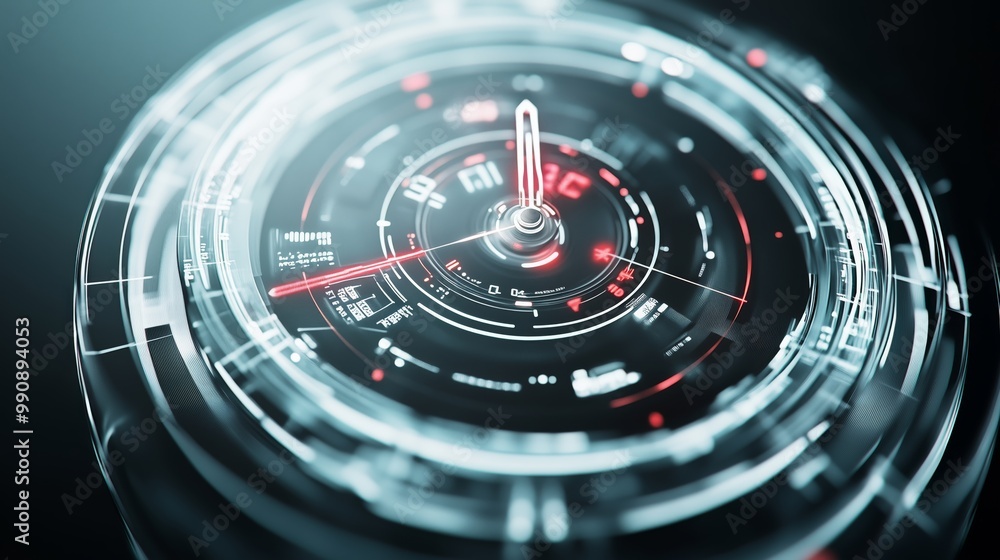 Close-up view of a futuristic clock face with a digital holographic interface, featuring sleek glowing lines and red highlights, representing advanced technology and time management. Close-up view of a futuristic clock face with a digital holographic interface, featuring sleek glowing lines and red highlights, representing advanced technology and time management.