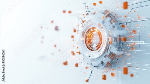 Modern dynamic tech-inspired circular interface with white and orange elements, featuring abstract digital design and floating data cubes on a white background for futuristic themes.
