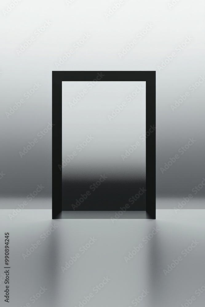 A grayscale gradient wall with a geometric black frame in the center, its emptiness standing out. 