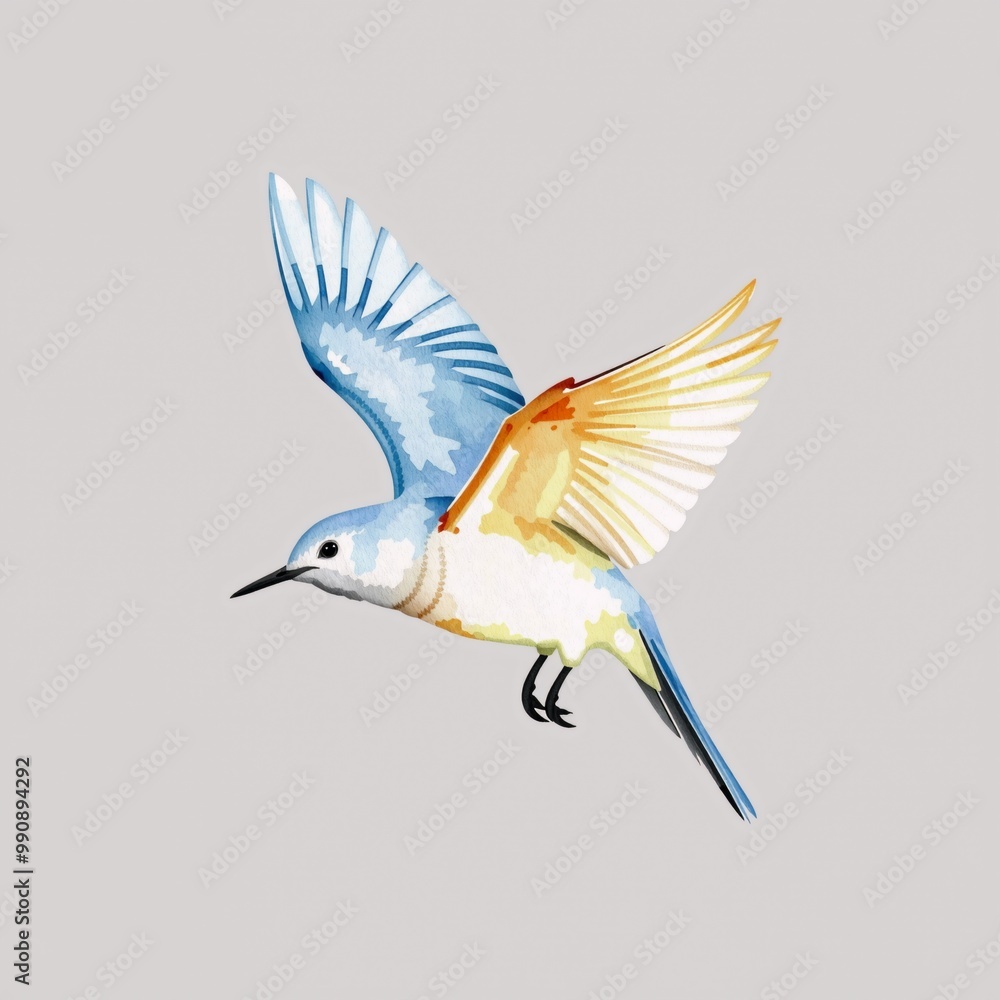 Obraz premium A blue and white bird flying through the air.