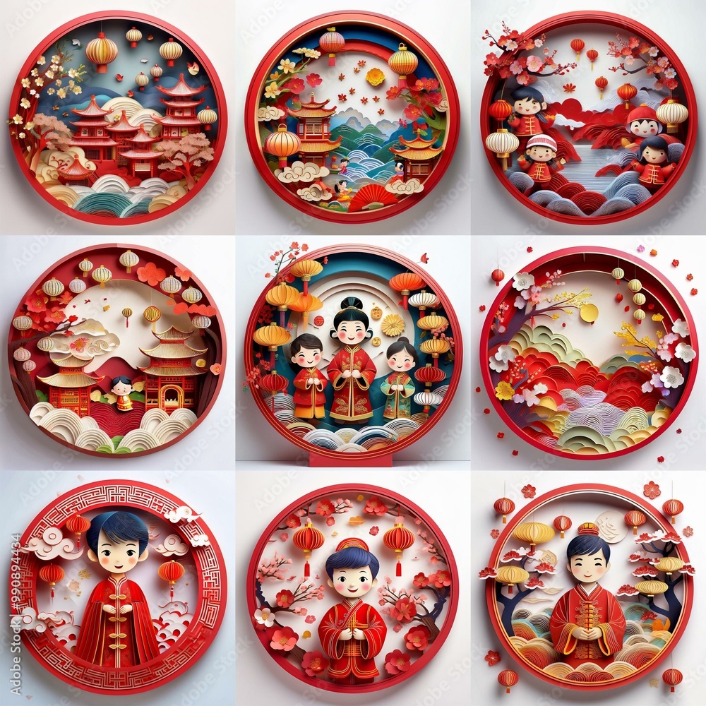 Nine circular paper art pieces depicting scenes of Chinese New Year celebrations, featuring traditional architecture, cherry blossom trees, lanterns, and people in festive attire. Nine circular paper art pieces depicting scenes of Chinese New Year celebrations, featuring traditional architecture, cherry blossom trees, lanterns, and people in festive attire.