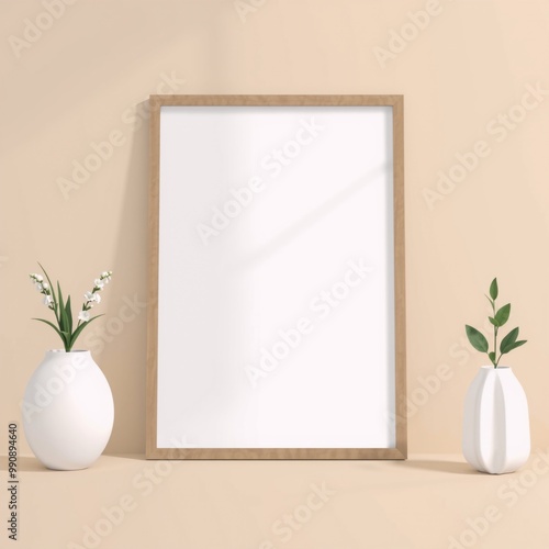 A picture frame sitting next to two vases with flowers in them.