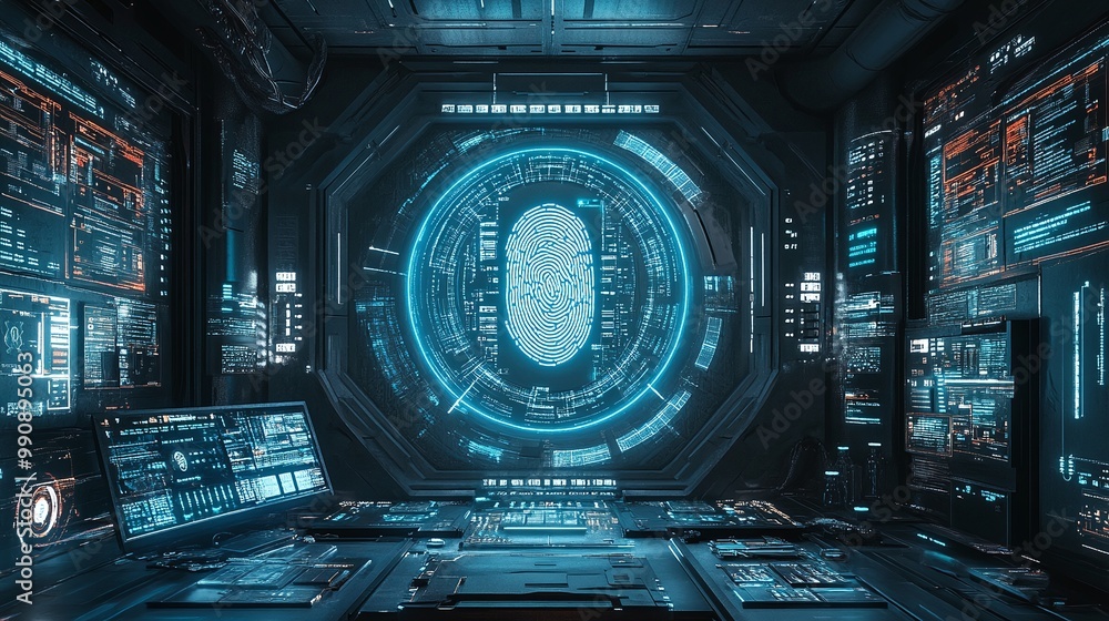 Obraz premium Futuristic digital interface with glowing screens and monitors.