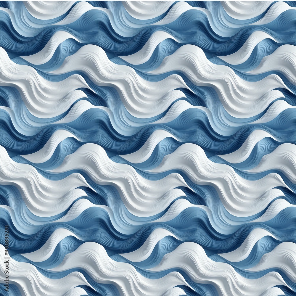 Seamless pattern of repeating blue and white wavy lines.