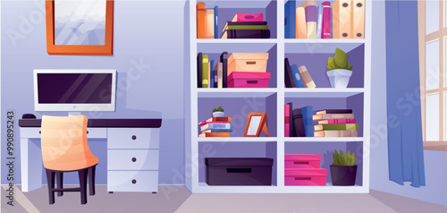 Home office room interior. Desk with computer, large bookcase. Remote work online. Cartoon vector banner or background of gaming environment.