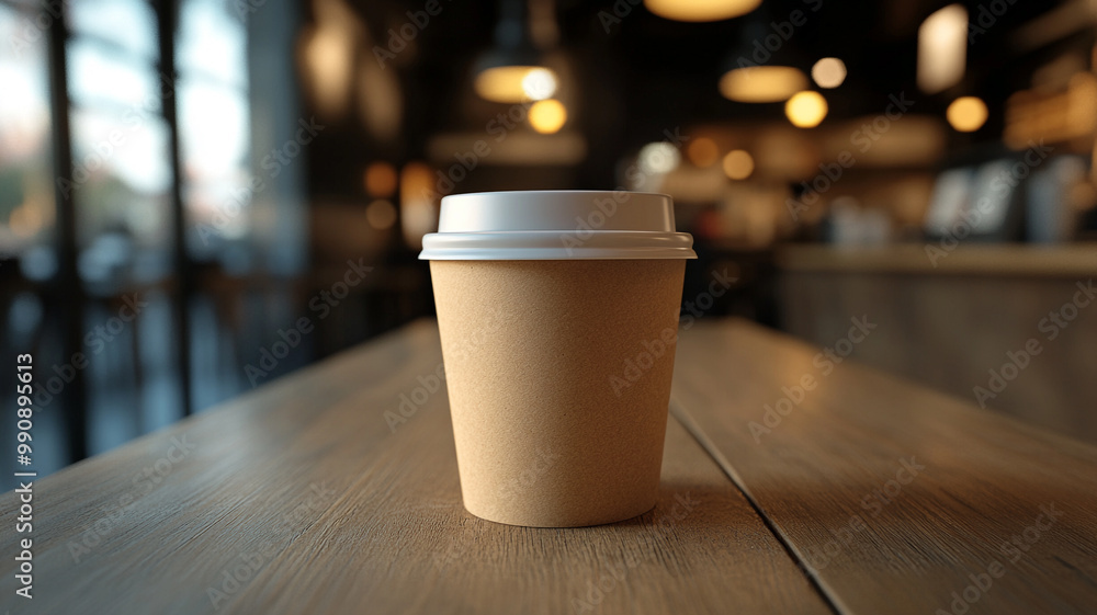 Close-up of a blank brown paper coffee cup with a plastic lid on a wooden table in a cafe Close-up of a blank brown paper coffee cup with a plastic lid on a wooden table in a cafe